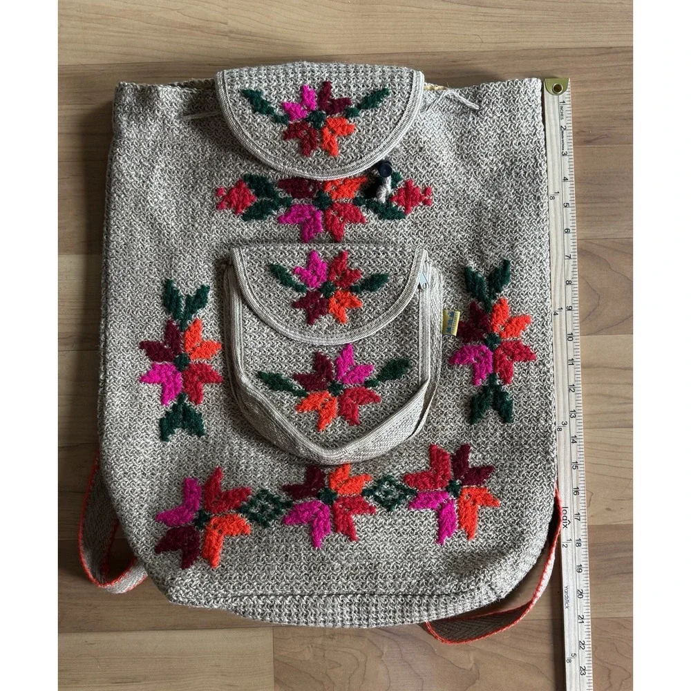 Boho Jute Crochet Embroidered Floral Backpack Hippie Festival Folk Art Rucksack